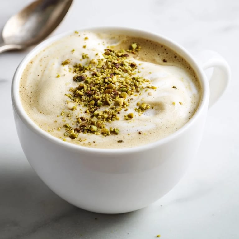 Frothy pistachio milk latte garnished with pistachios, ideal for a cozy afternoon.