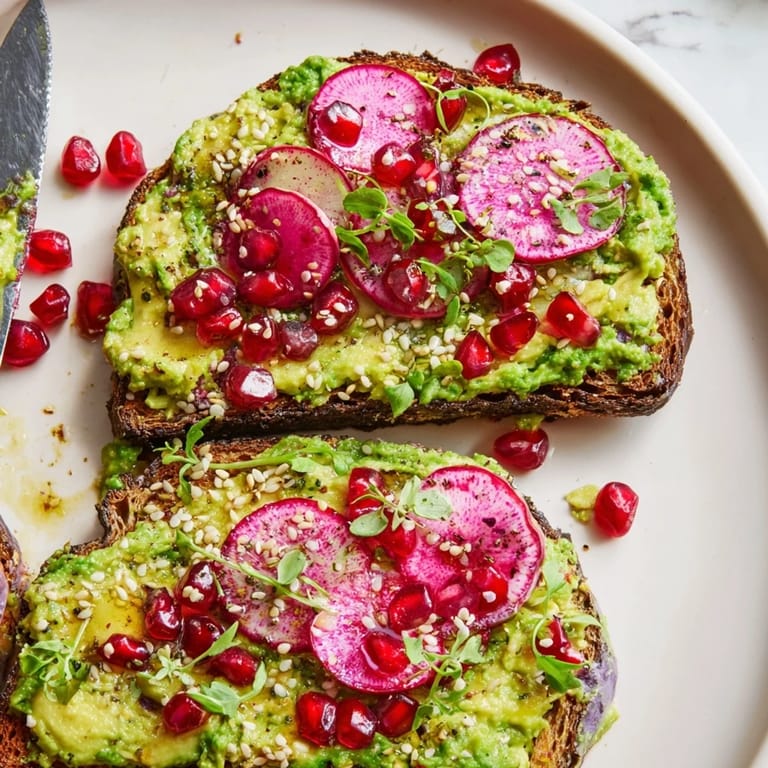 Delicious Bright & Bold Breakfast Toasts garnished with colorful radishes and pomegranate seeds.