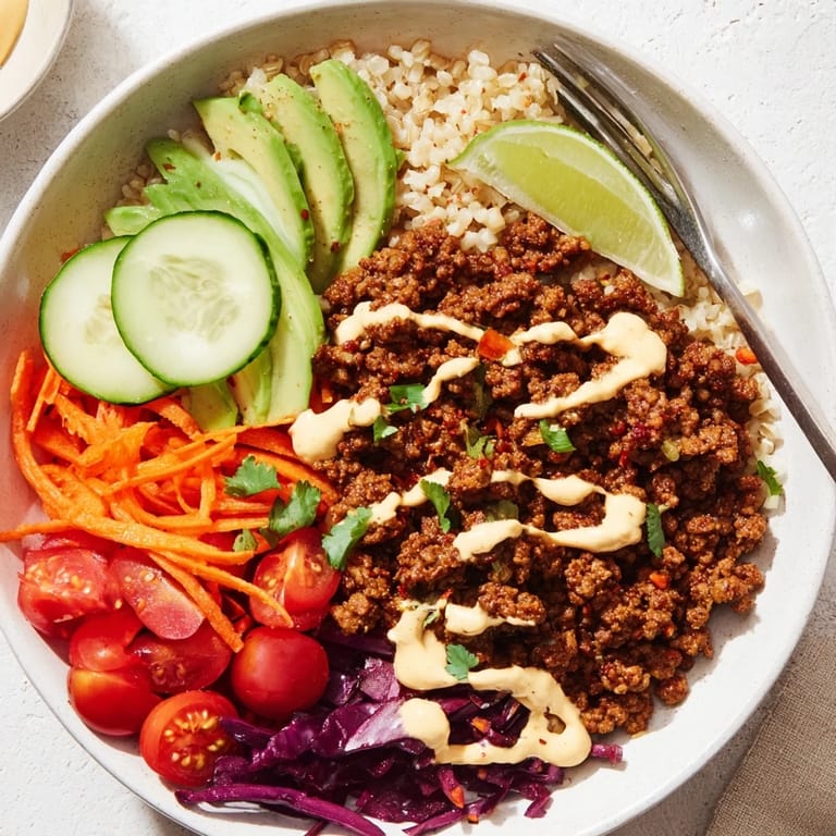 Savory plant-based meat bowl featuring quinoa, vibrant vegetables, and zesty dressing.