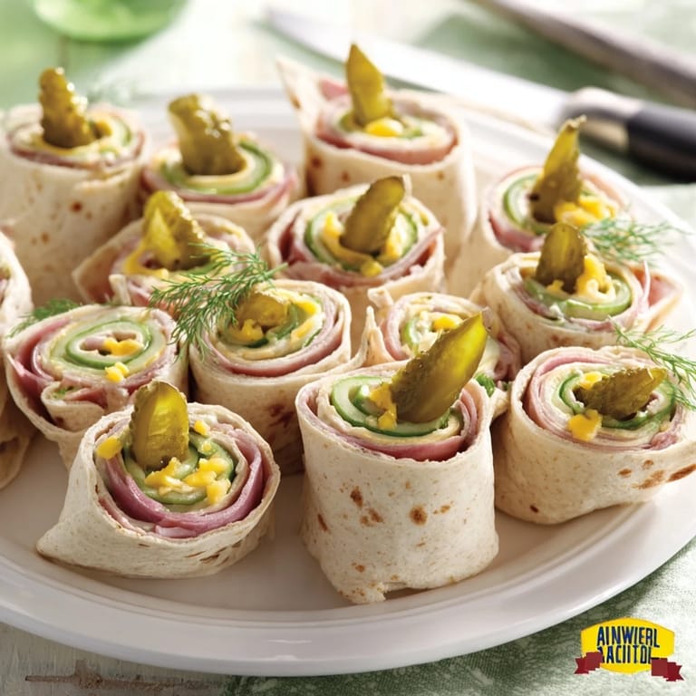 Colorful pickle-in-a-blanket appetizer ready for a fun summer picnic.  