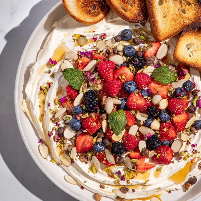 Vibrant butter board dessert decorated with berries, nuts, and a drizzle of honey.