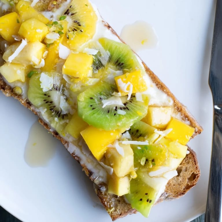 Golden brioche slices bursting with creamy coconut yogurt and fresh fruit flavors.  