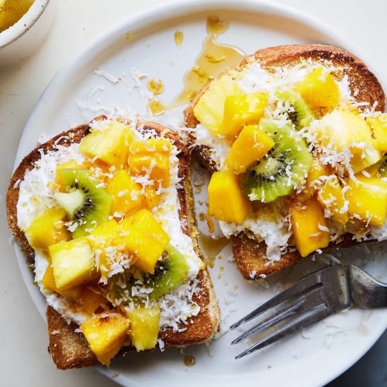 Vibrant Yogurt-Custard Toast drizzled with honey, perfect for a tropical brunch.