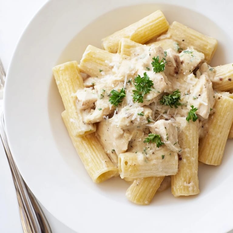 Deliciously comforting Creamy Garlic Parmesan Chicken Rigatoni served in a creamy sauce.  