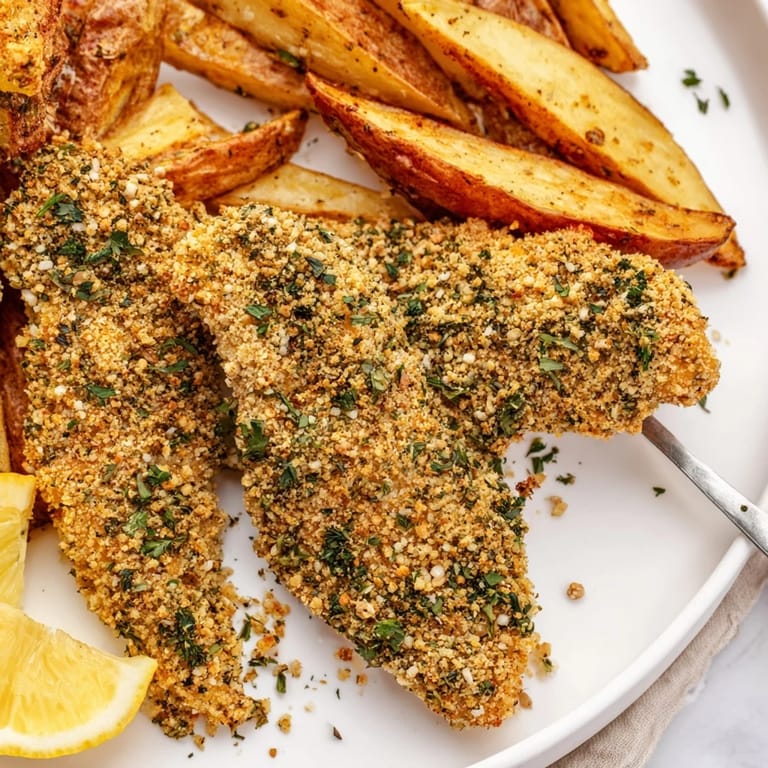 Crispy potato wedges complement succulent herbed chicken tenders, creating a delightful meal experience.  