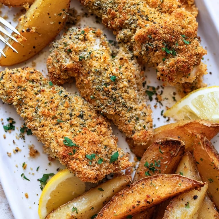Savory herbed chicken tenders served with golden potato wedges and fresh lemon slices.