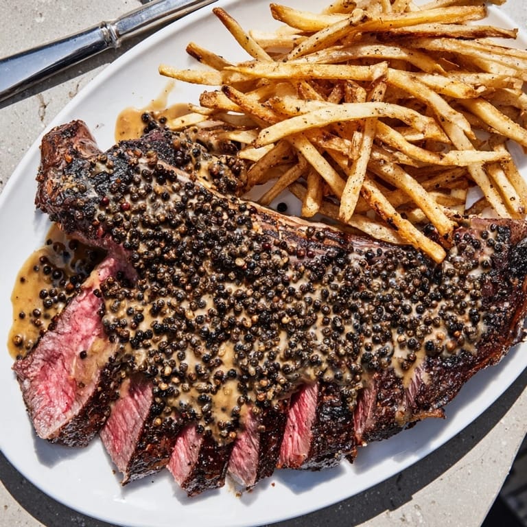 Deliciously pan-seared Classic Peppercorn Ribeye accompanied by crunchy, homemade fries.
