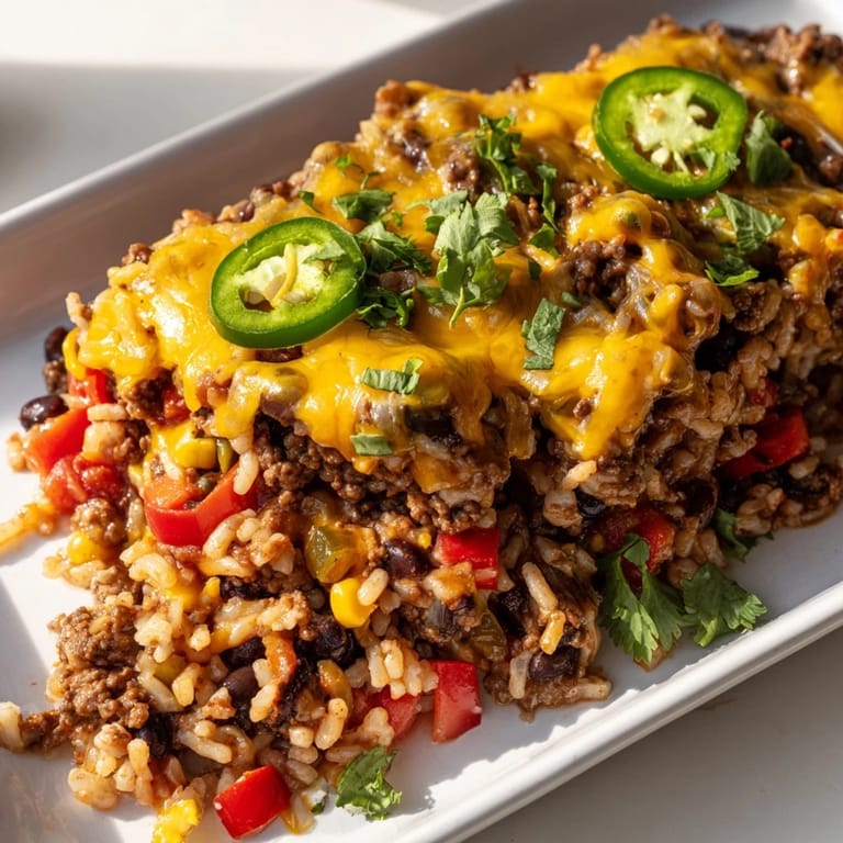 Delicious, cheesy Tex-Mex Beef & Rice Casserole, a hearty and flavorful dish, perfect for dinner tonight.