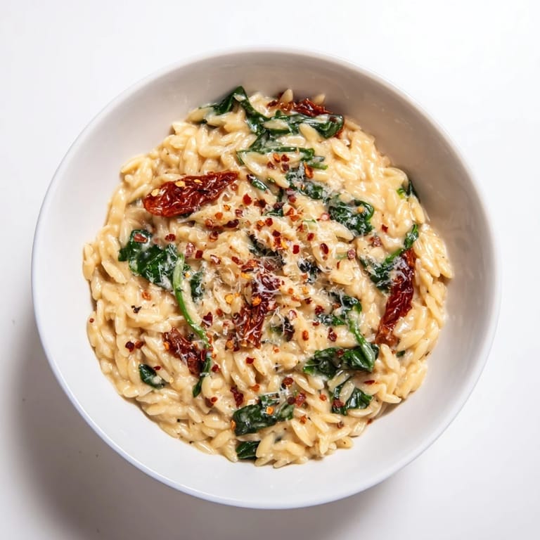 Warm, creamy Tuscan Orzo Bowl with spinach and Parmesan, perfect for a cozy weeknight dinner.