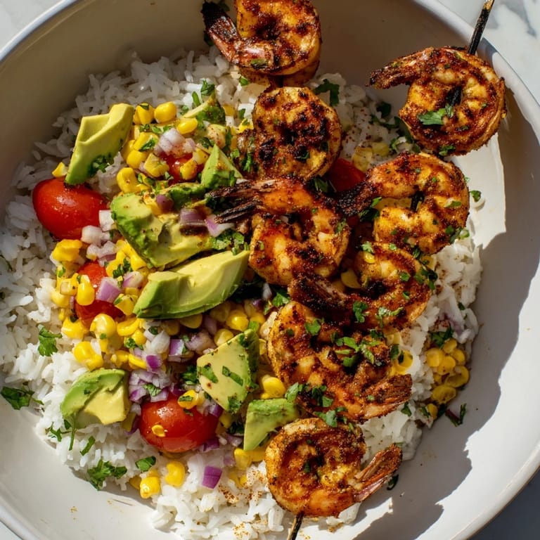 Freshly grilled shrimp resting atop a colorful avocado corn salsa, part of this easy grilled shrimp bowl recipe.