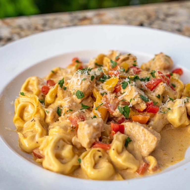 Golden chicken pieces swim in a rich, cheesy sauce with the Zesty Cajun Garlic Parmesan Chicken Tortellini.