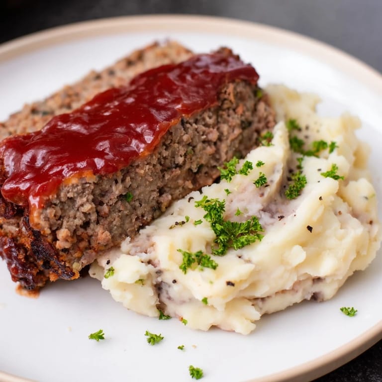 Perfectly sliced classic meatloaf served with a generous portion of creamy, buttery mashed potatoes.
