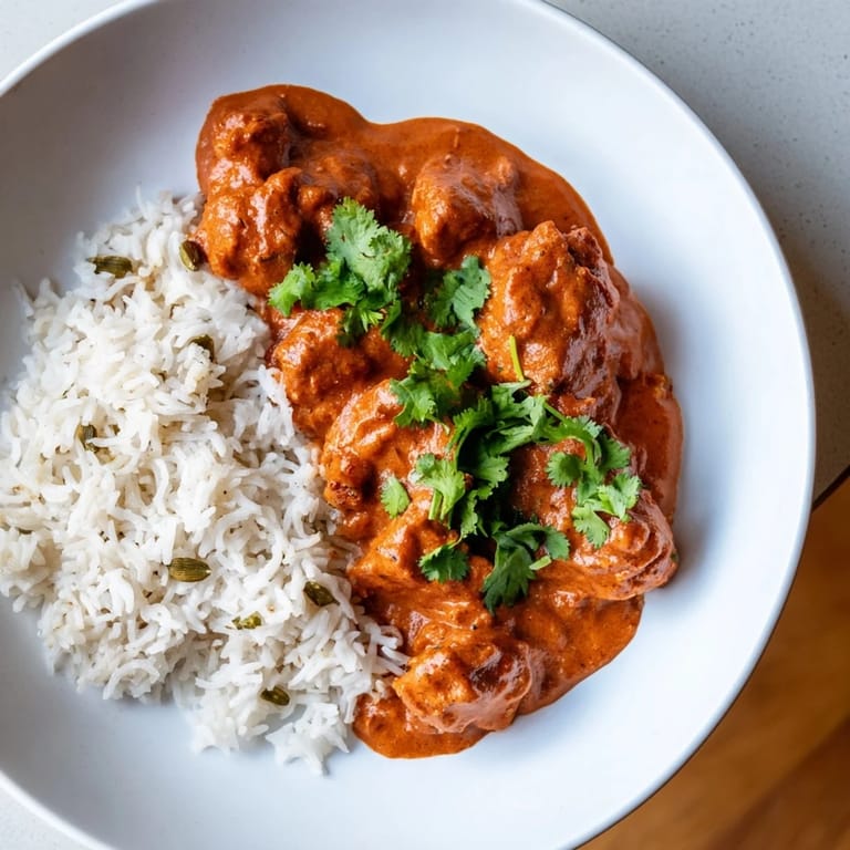 Fragrant basmati rice pilaf next to a luscious bowl of creamy Butter Chicken for dinner.