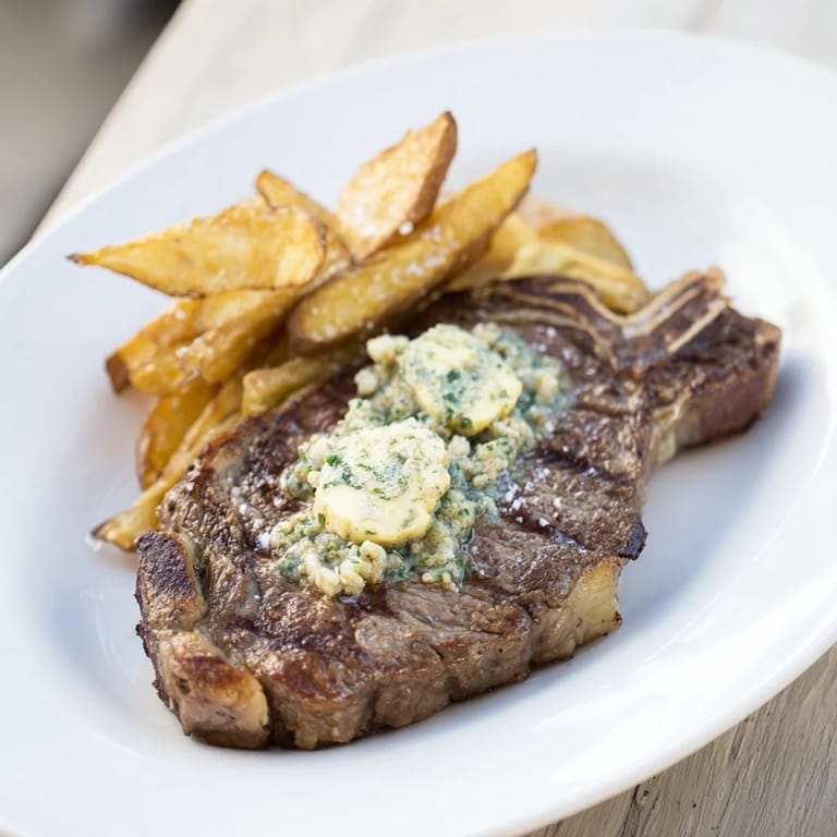 Juicy Steakhouse Garlic Butter Steak & Fries, seasoned perfectly and served with crispy, golden fries.