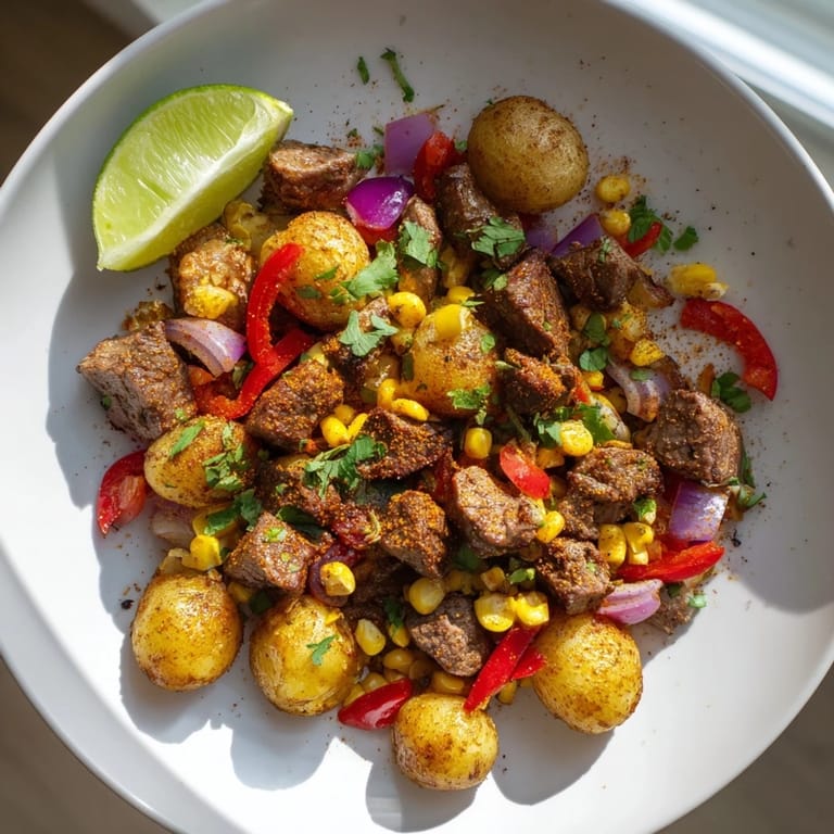 Golden-brown Southwest Steak & Potato Skillet with cilantro garnish and fresh lime wedges to enjoy.