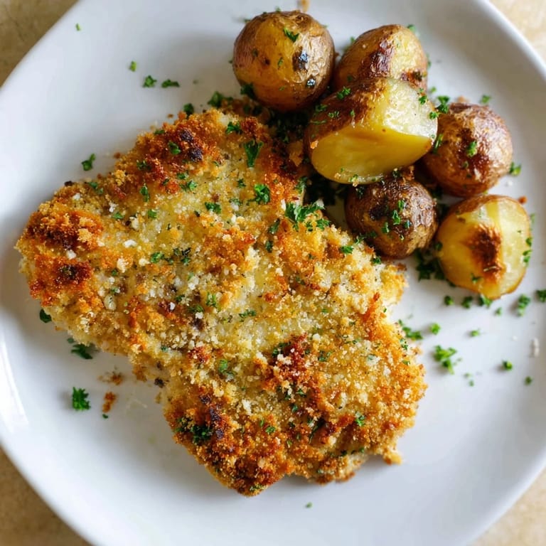 Crispy Parmesan Crusted Chicken & Potatoes, featuring perfectly roasted potatoes and irresistibly crunchy chicken, looks amazing.