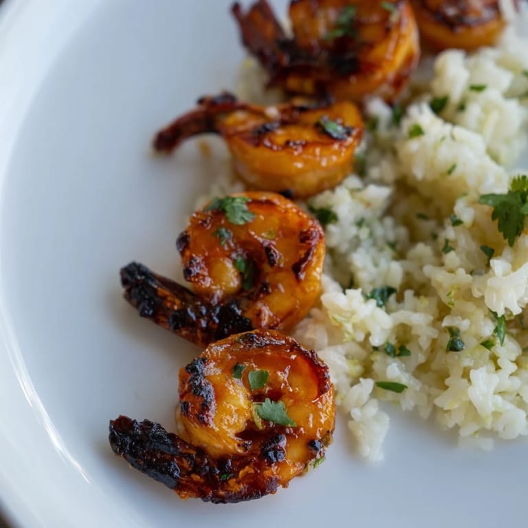 Close up revealing the delicious Chipotle Lime Grilled Shrimp with cilantro-lime rice and tender shrimp.