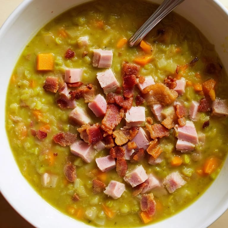 Smoky bacon and flavorful ham enhance this comforting homemade Split Pea Soup recipe.
