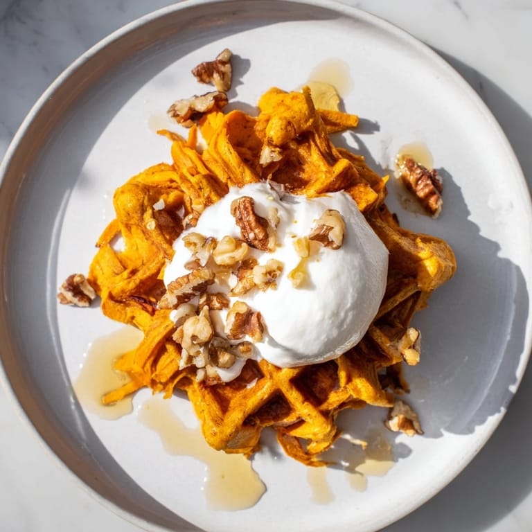 Perfectly cooked, crispy Sweet Potato Waffle Hack topped with fresh berries, ideal for a delicious breakfast.