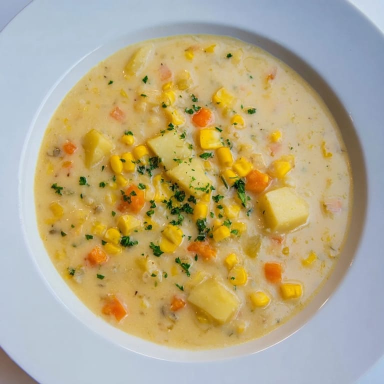 Delicious, chunky texture is seen in this flavorful Corn & Potato Chowder with corn and potatoes.