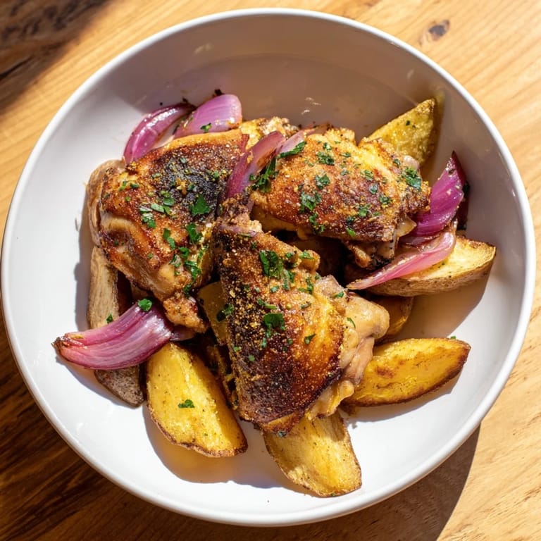 A mouthwatering close-up of tender Greek Lemon Chicken and Potatoes, with crispy chicken skin.