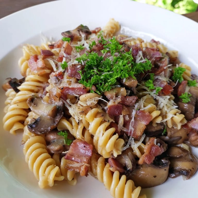 This photo features a generous serving of Fusilli with Bacon, Onions, and Mushrooms, ready to enjoy.