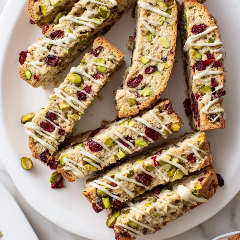 Golden-brown White Chocolate Cranberry Pistachio Biscotti, with visible cranberries and pistachios, cooling on rack.
