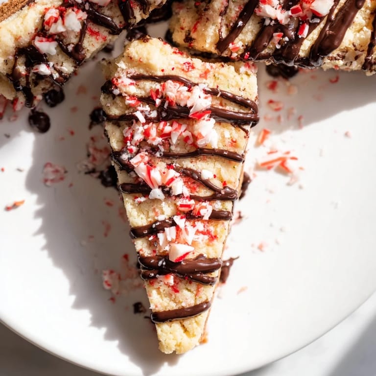 Close-up of golden, crisp chocolate peppermint shortbread wedges, a delicious American dessert option.