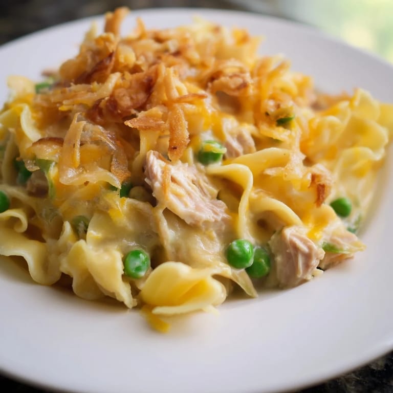Close-up of a warm tuna noodle casserole, showcasing a hearty combination of flavors and textures.