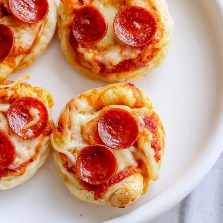 A close-up of delicious, crispy Mini Pepperoni Pizza Pinwheels with visible pepperoni slices and bubbly cheese.
