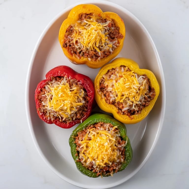 Savory ground beef filling inside vibrant Sloppy Joe Stuffed Bell Peppers, a hearty main course.