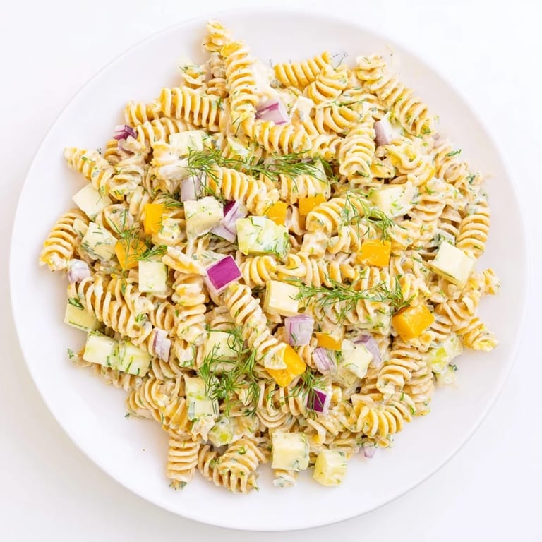 Vibrant image of Dill Pickle Pasta Salad, showcasing the ingredients and flavors in a bowl.