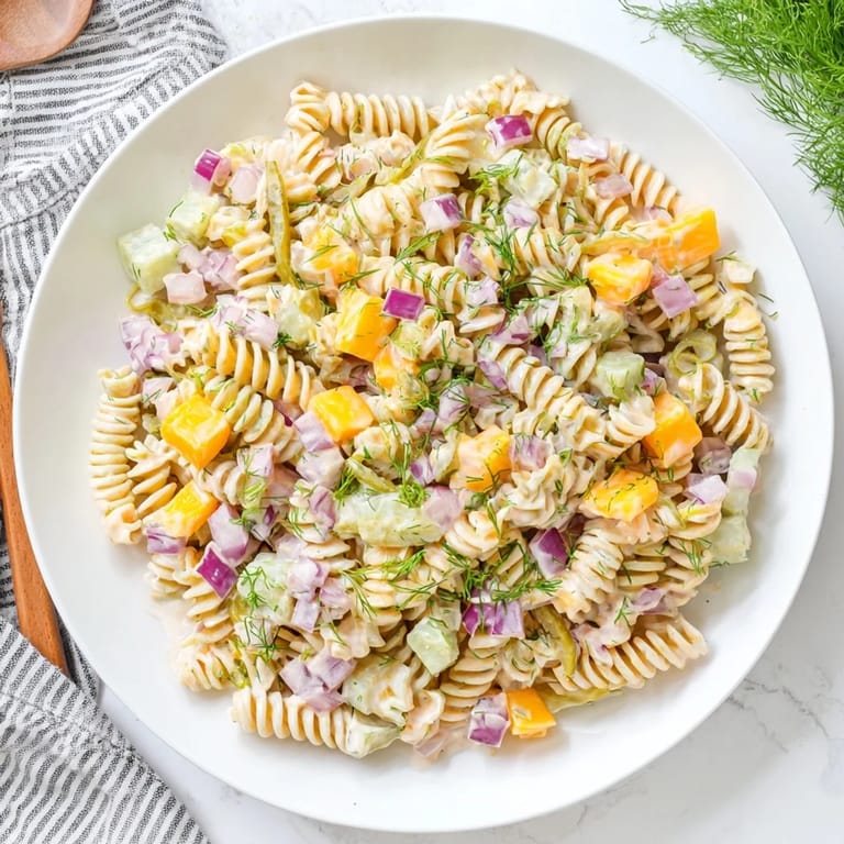 Close-up of a refreshing Dill Pickle Pasta Salad, perfect for a summer gathering or picnic.