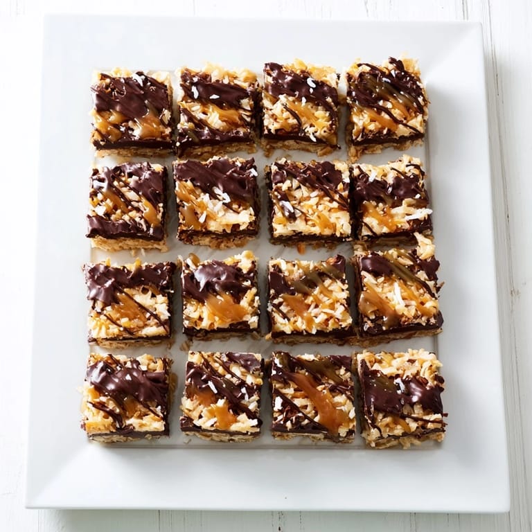 Close-up of baked 7-Layer Magic Bars glistening with a salted caramel drizzle, ready to eat.