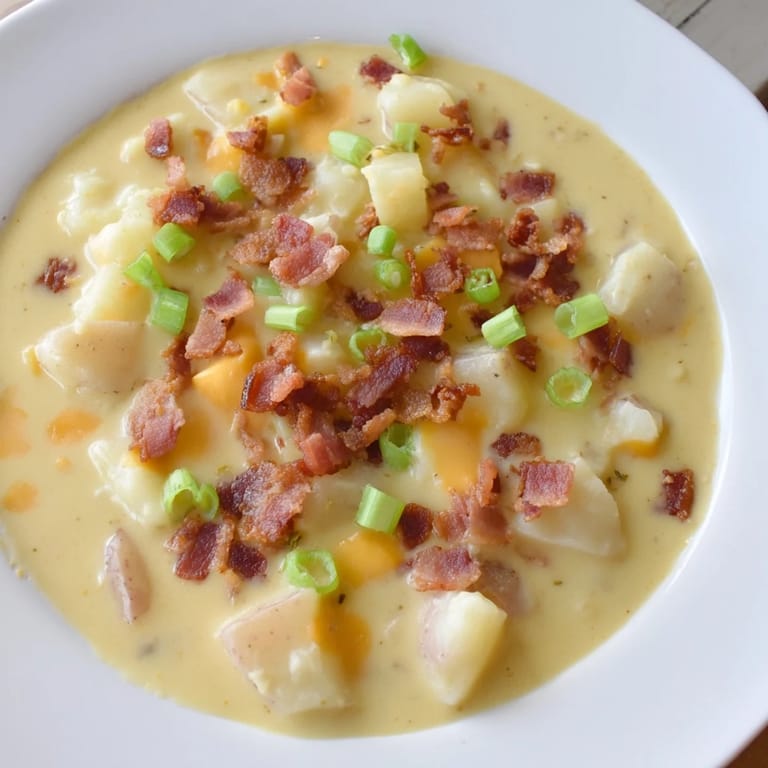 This Crockpot Loaded Baked Potato Soup features a thick, creamy texture with visible chunks of potato and melted cheese.