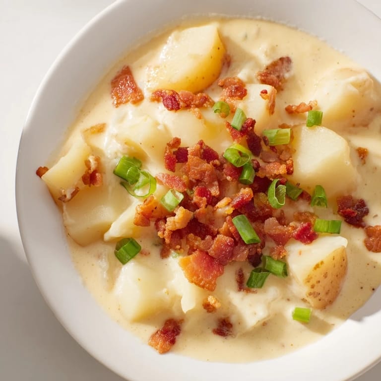 Enjoy a steaming bowl of Crockpot Loaded Baked Potato Soup, a hearty, gluten-free meal, perfect for a cold evening.