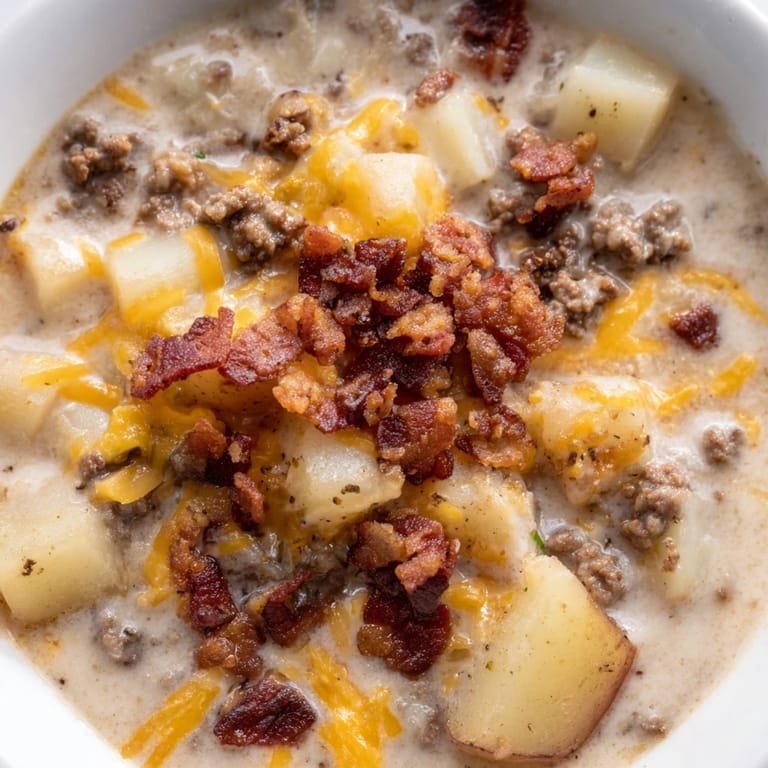 A warm bowl of Crockpot Cheeseburger Soup, a hearty American classic, with tender beef and potatoes.