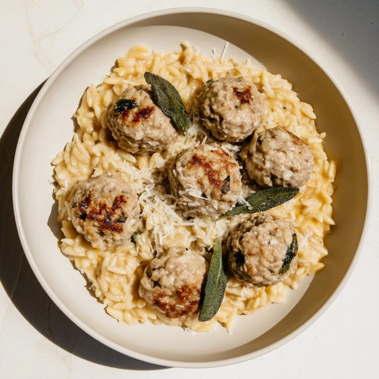 Glistening sage turkey meatballs nestle in a rich pumpkin orzo, a comforting autumn meal ready to serve.