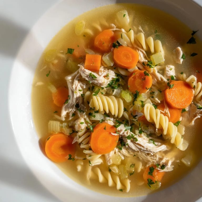 Close-up of a hearty Crockpot Chicken Noodle Soup featuring tender chicken and vibrant vegetables, perfect for a cold day.