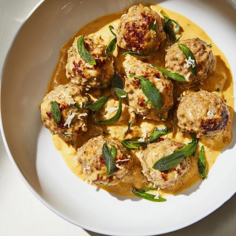 Fragrant Turkey Meatballs with Pumpkin Sage Sauce served atop pasta, ready for a comforting meal.
