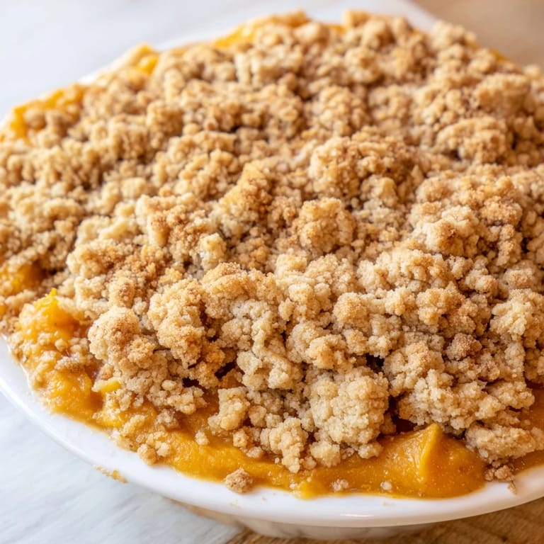 Close-up of a freshly baked pumpkin crisp, showcasing the textures of the creamy filling and crisp topping.