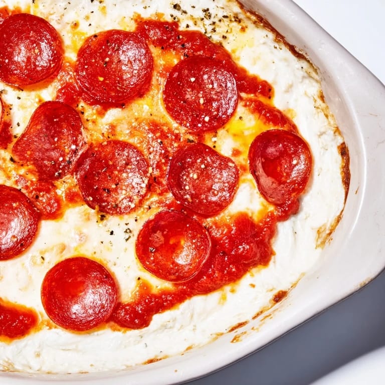 A close-up of a delicious pizza dip, oozing cheese, marinara, and pepperoni—the perfect party snack.