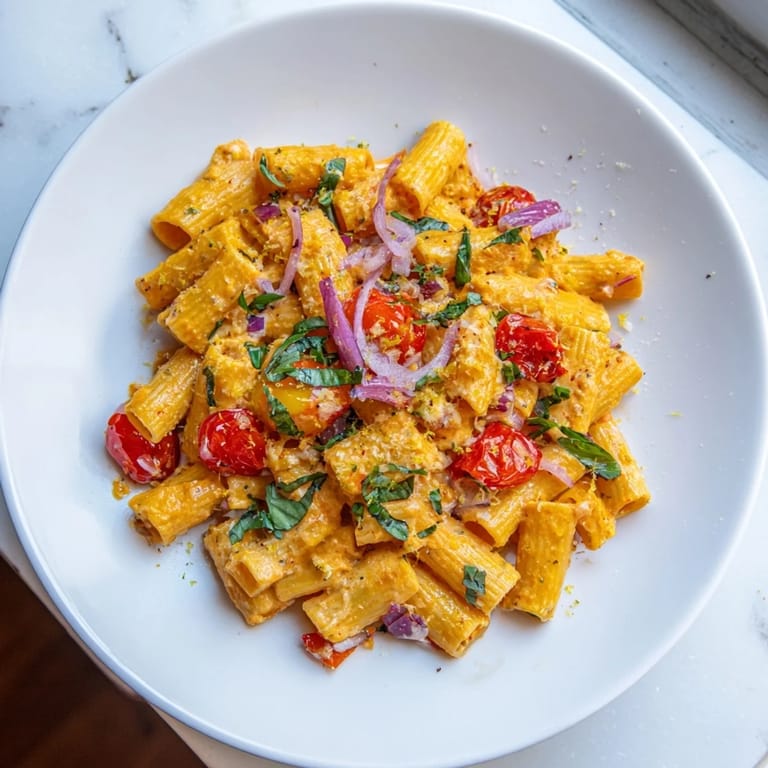 Imagine the aroma: This One-Pan Baked Feta Christmas Pasta boasts colorful veggies and basil garnish, ready to serve.