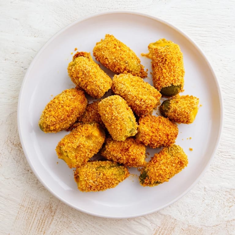 Close-up of cheese-wrapped pickle ornaments, perfectly fried with a delicious textural and flavor contrast.