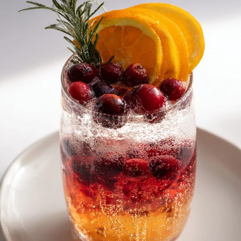 A beautiful holiday Snow Globe Mocktail shows cranberry-filled glasses with a sparkling, bubbly drink inside.