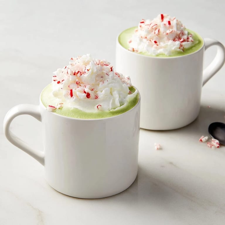 Two Cozy Peppermint Matcha Christmas Lattes, garnished, inviting with a perfect holiday feel.