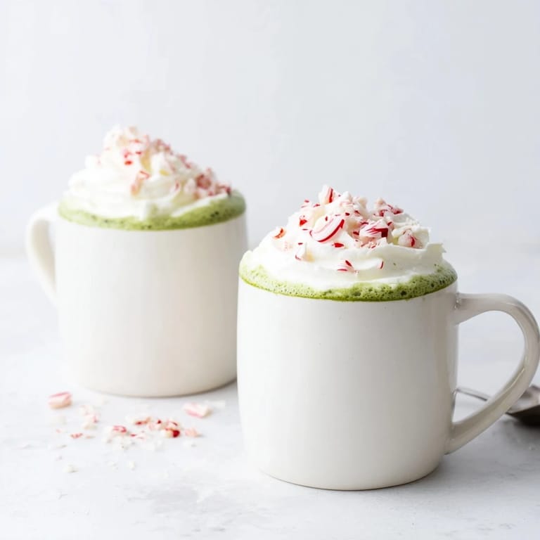 A festive, vibrant closeup of a Cozy Peppermint Matcha Christmas Latte with a drizzled design.