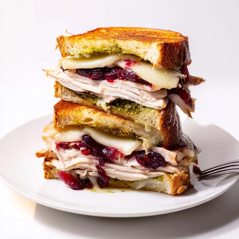 A perfectly toasted Pesto Cranberry Turkey Grilled Cheese reveals warm turkey and tangy cranberry layers.