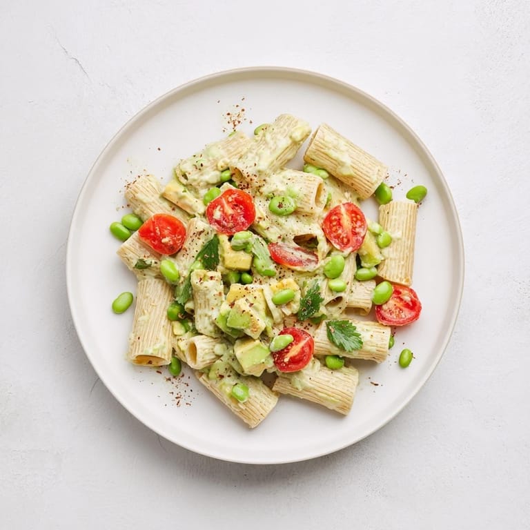 A close-up view of the delicious Holiday Glow Green Goddess Protein Pasta Salad with visible vegetables and herbs.