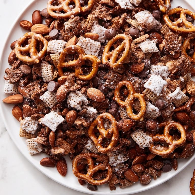 Sweet and salty Festive Pine Cone Snack Mix coated in a glossy, spiced sugar glaze, ready to serve.